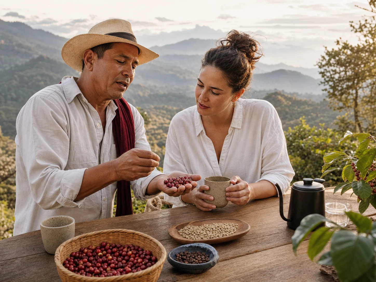 Un productor comparte una experiencia de café con una viajera en las montañas de Panamá